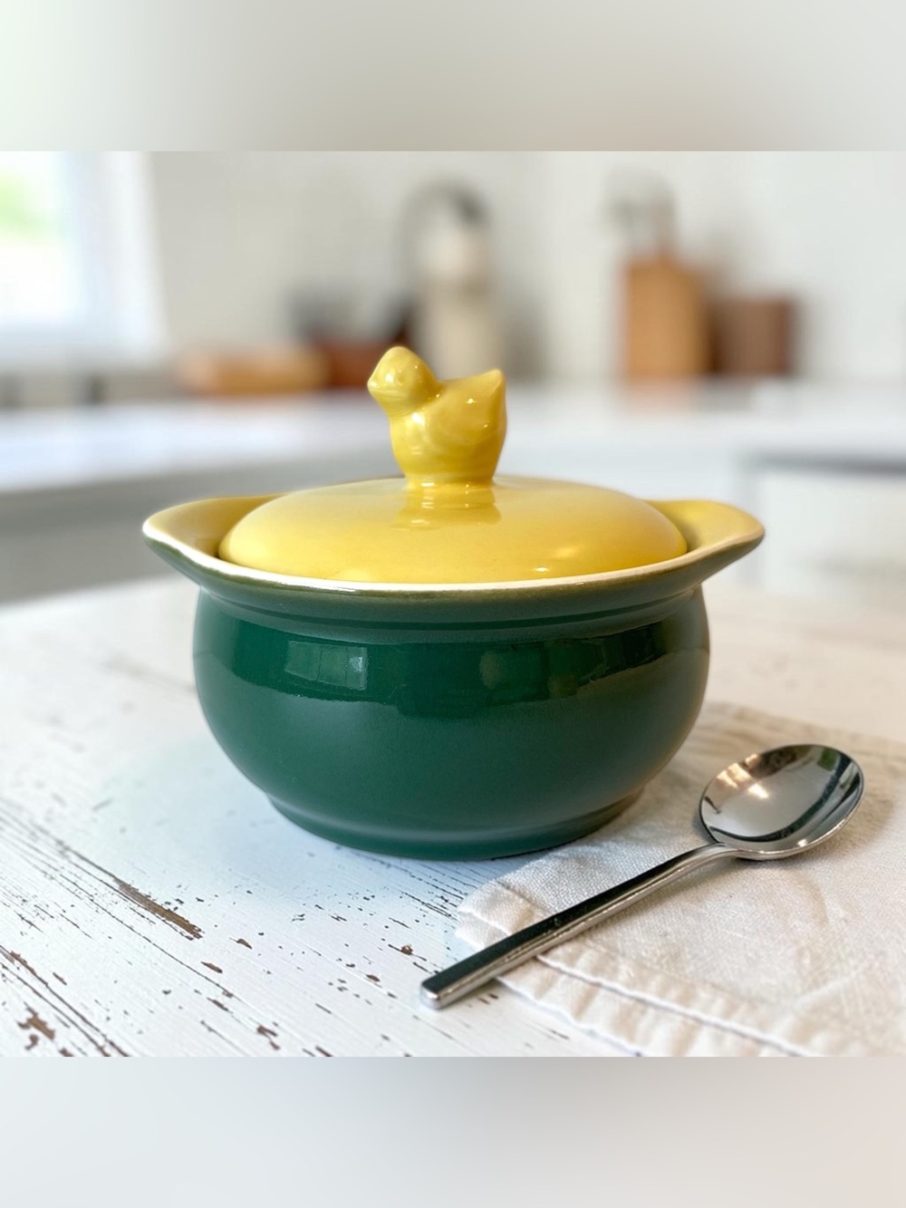 Mid-Century HALL Ceramic Covered Bowl, Hen / Chick Knob on Lid, Yellow & Green